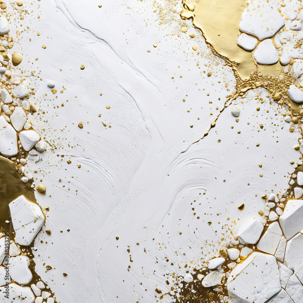 Obraz premium White stone background with gold splashes. Texture illustration for design of floors, countertops, wall tiles.