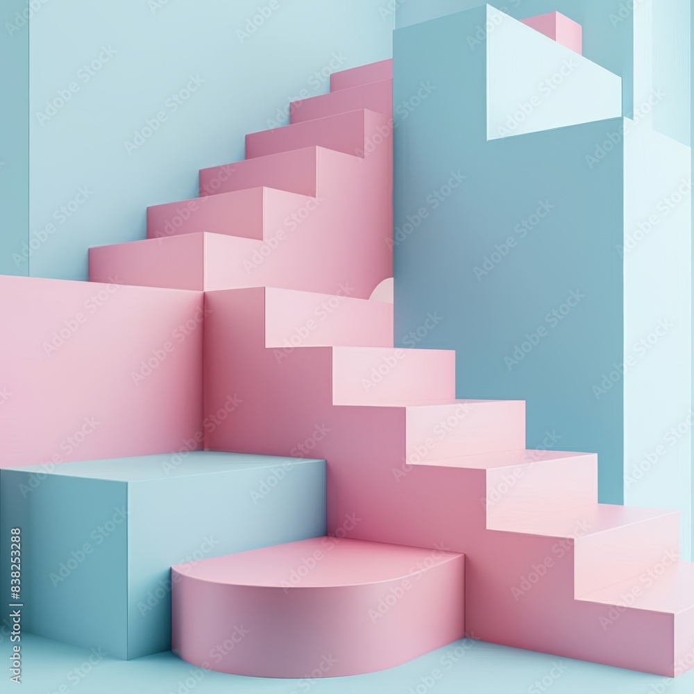 A mock up scene of blue and pink stairs on a blue background. 3D rendering. A mock up scene of blue and pink stairs on a blue background. 3D rendering.