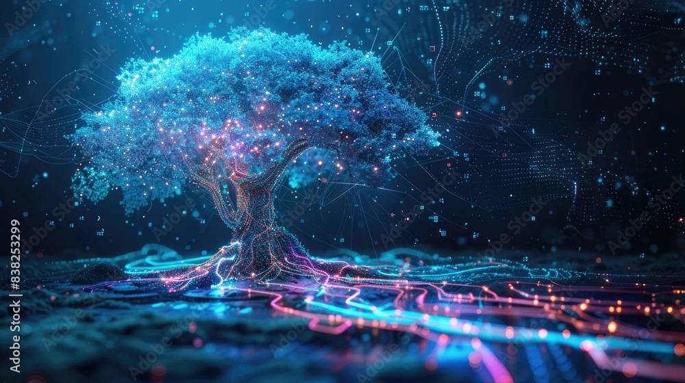 High-tech tree with neon leaves and digital roots, showcasing the intersection of technology and nature High-tech tree with neon leaves and digital roots, showcasing the intersection of technology and nature