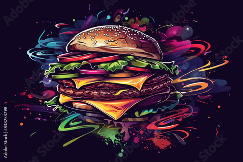 Fresh tasty big burger art in cosmic style on black background