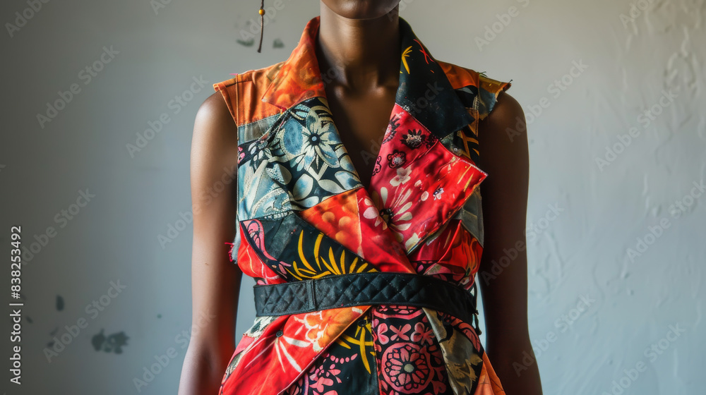 A woman is wearing a colorful dress with a black belt A woman is wearing a colorful dress with a black belt