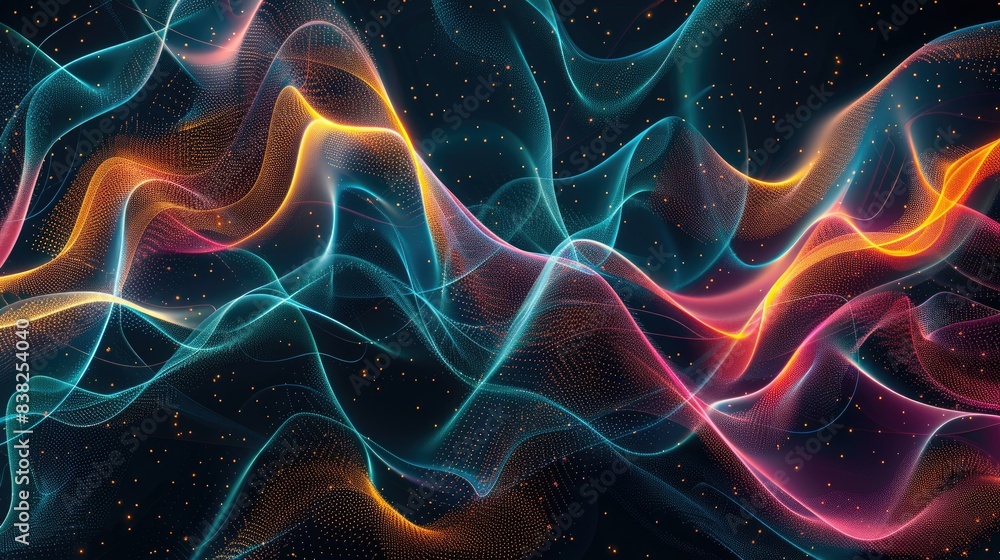 Mesmerizing graphic waves of light, forming dynamic patterns in various colors on a dark backdrop Mesmerizing graphic waves of light, forming dynamic patterns in various colors on a dark backdrop