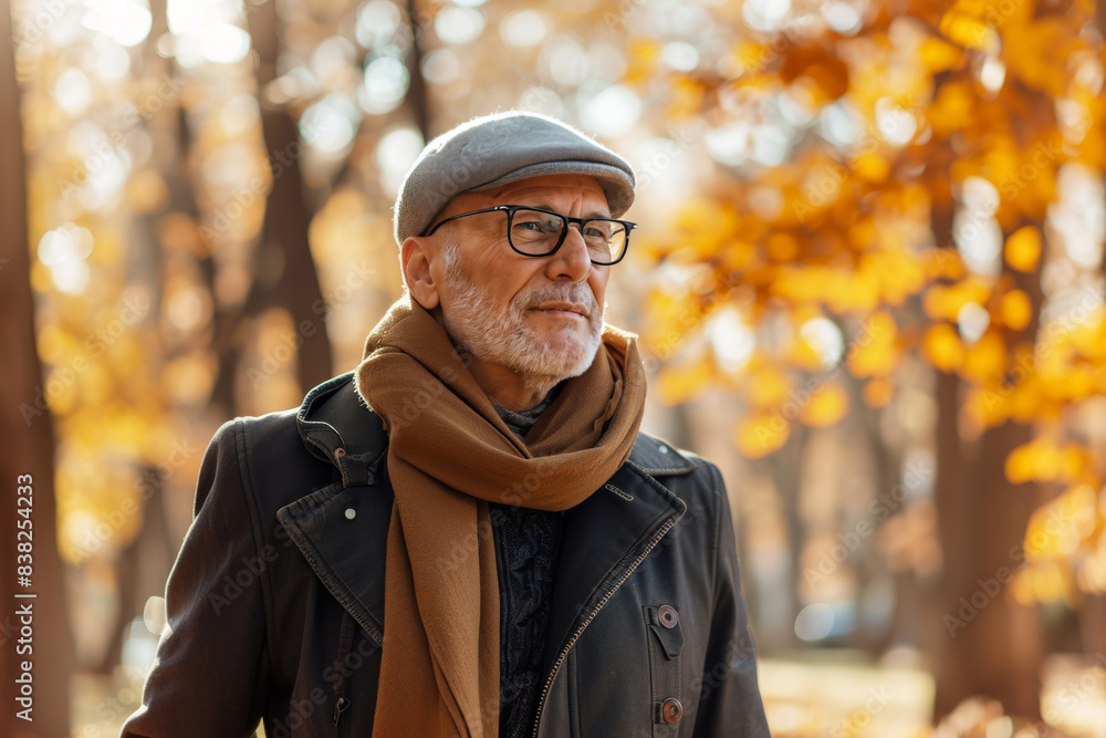 Mature Man Walking in the Park in Autumn Mature Man Walking in the Park in Autumn