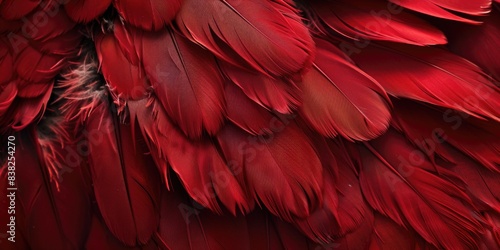 A detailed view of the vibrant red feathers of a bird  ideal for illustrations or designs where a bold  striking color is needed