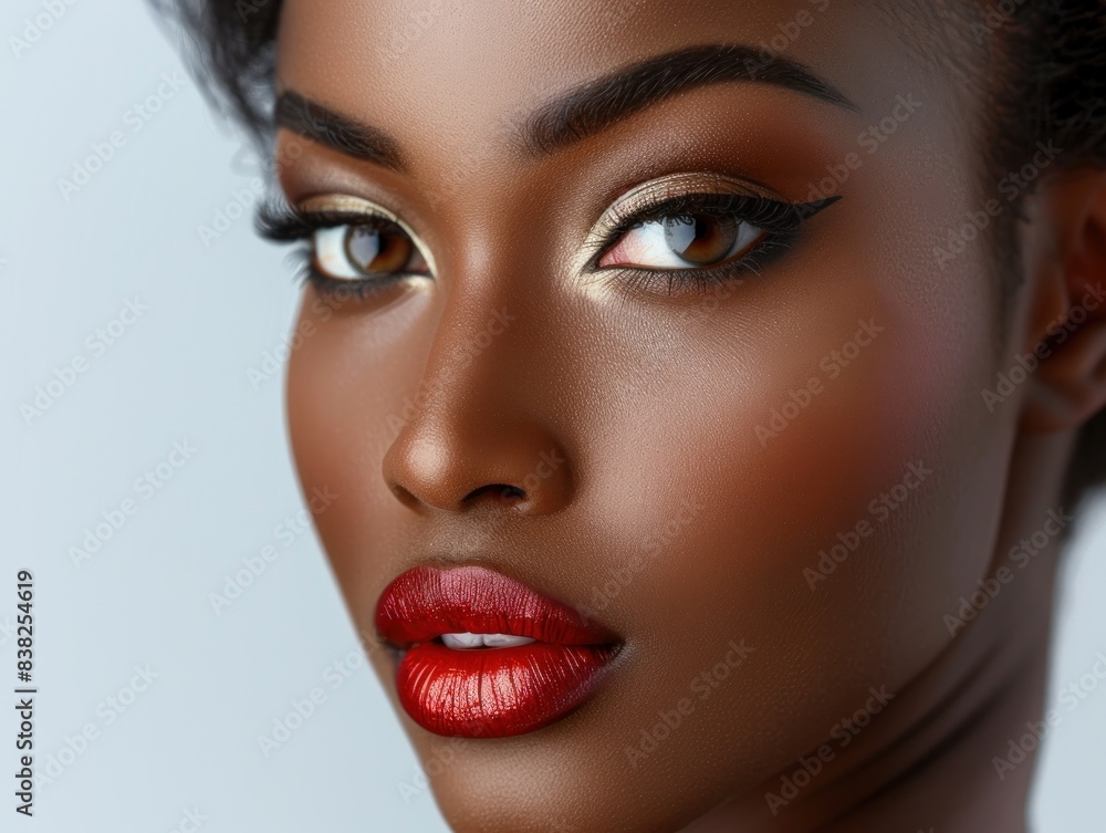 A stunning portrait of a woman showcasing her beauty with flawless cosmetic makeup. Her eyes are highlighted with expertly applied eyeliner and eyeshadow, while her lips are perfectly defined with a A stunning portrait of a woman showcasing her beauty with flawless cosmetic makeup. Her eyes are highlighted with expertly applied eyeliner and eyeshadow, while her lips are perfectly defined with a