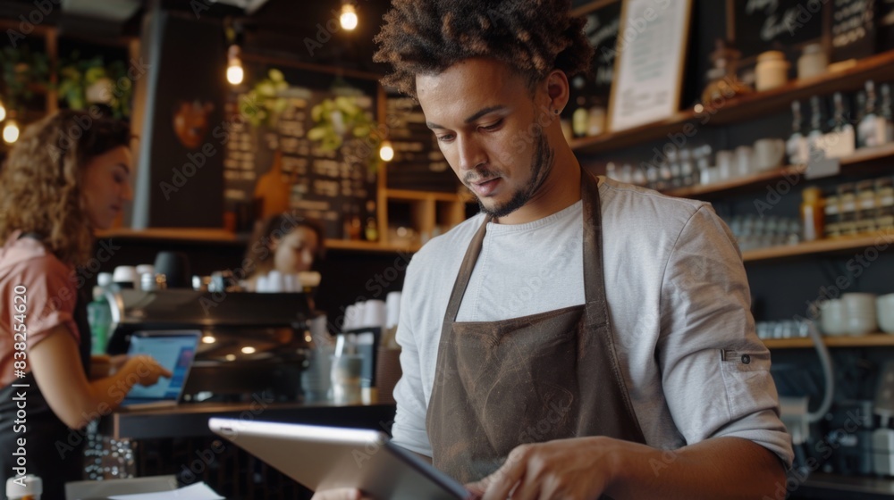 A person working on a tablet while wearing an apron, potentially for DIY or crafting projects A person working on a tablet while wearing an apron, potentially for DIY or crafting projects