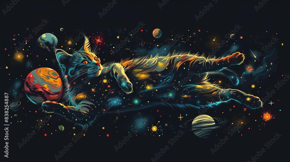 cosmic cat floating in space with stars and planets trendy tshirt ...