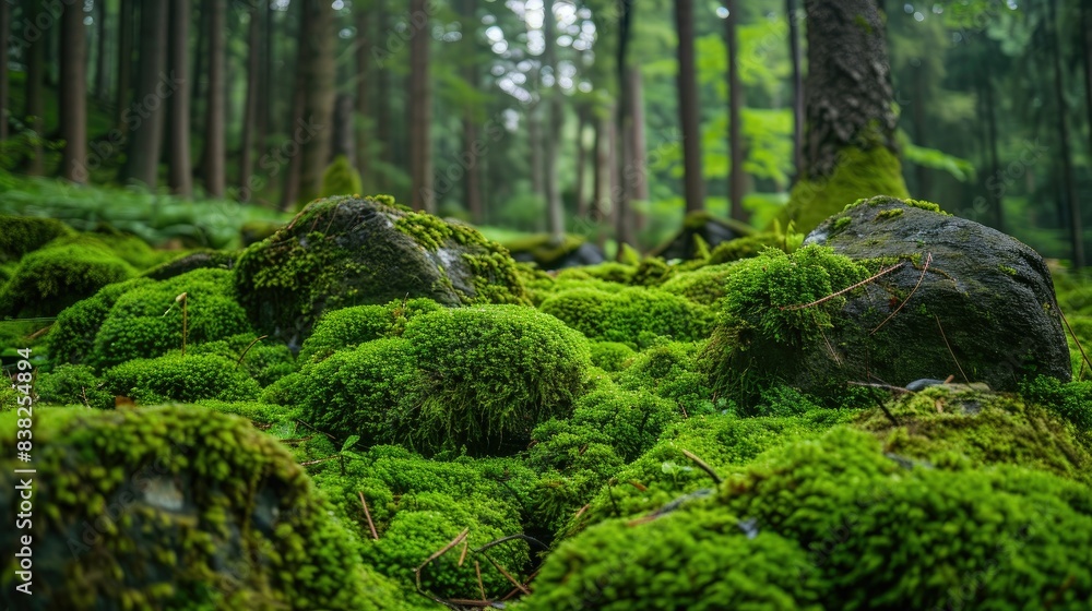Moss and algae-covered stones, set against a green forest backdrop, showcasing natural beauty Moss and algae-covered stones, set against a green forest backdrop, showcasing natural beauty