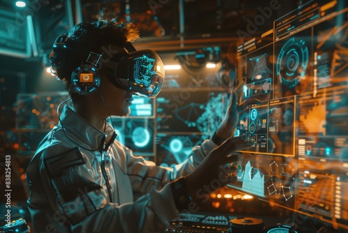 A person sitting in a room with a virtual reality headset on  perfect for technology and innovation illustrations