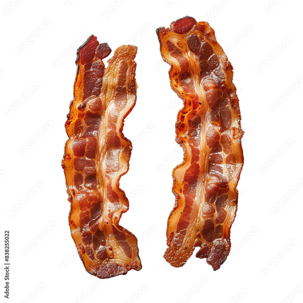 Fototapeta premium A pair of crispy bacon strips, isolated on transparent white background