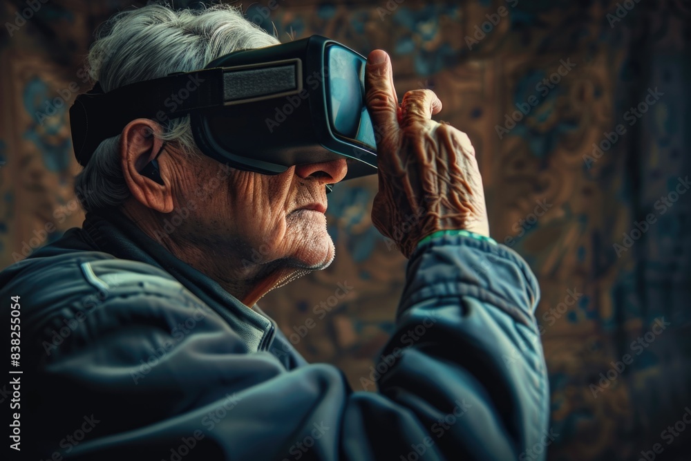 A senior adult wearing futuristic computer glasses, perfect for technology and innovation concepts A senior adult wearing futuristic computer glasses, perfect for technology and innovation concepts
