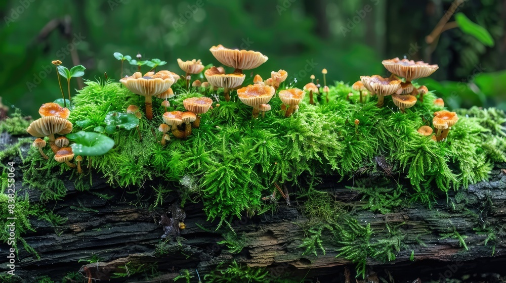 Moss-covered decayed log with various fungi, illustrating the process of natural decomposition in the forest Moss-covered decayed log with various fungi, illustrating the process of natural decomposition in the forest