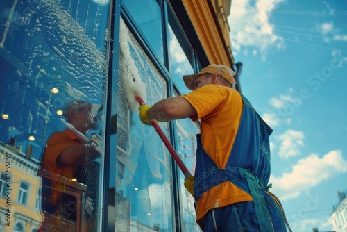 A person using a brush to clean a glass window © Fotograf