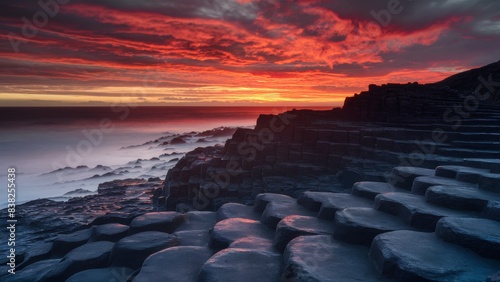 The bright colors of the sunset on the Giant s causeway  the sky glowing orange and red  the columns casting long shadows on the rugged coastline.