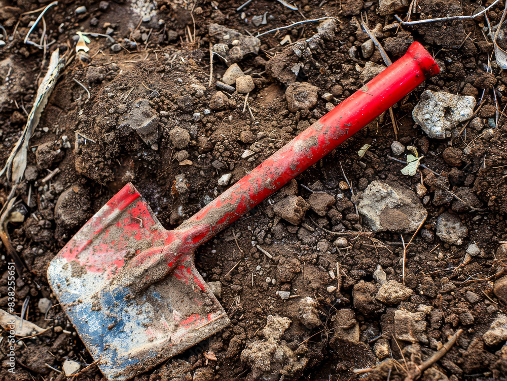 A rusty shovel is sitting in the dirt A rusty shovel is sitting in the dirt
