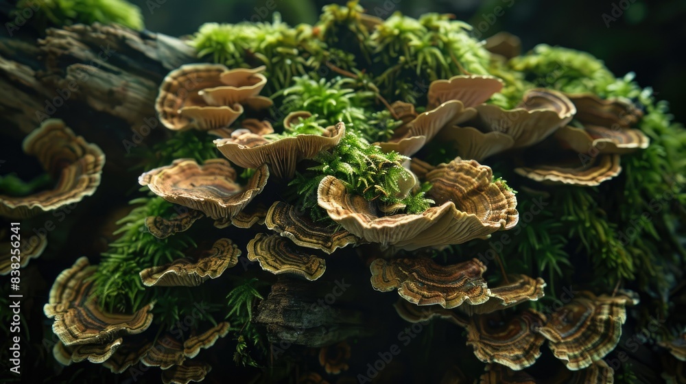 Mossy decayed wood with fungi, presenting a beautiful and detailed view of nature's processes Mossy decayed wood with fungi, presenting a beautiful and detailed view of nature's processes