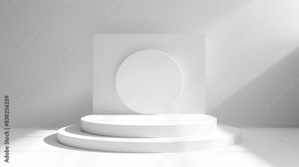 Minimalist white pedestal platform with geometric shapes and soft lighting. Perfect for product display, presentation, and showcase concepts. Minimalist white pedestal platform with geometric shapes and soft lighting. Perfect for product display, presentation, and showcase concepts.