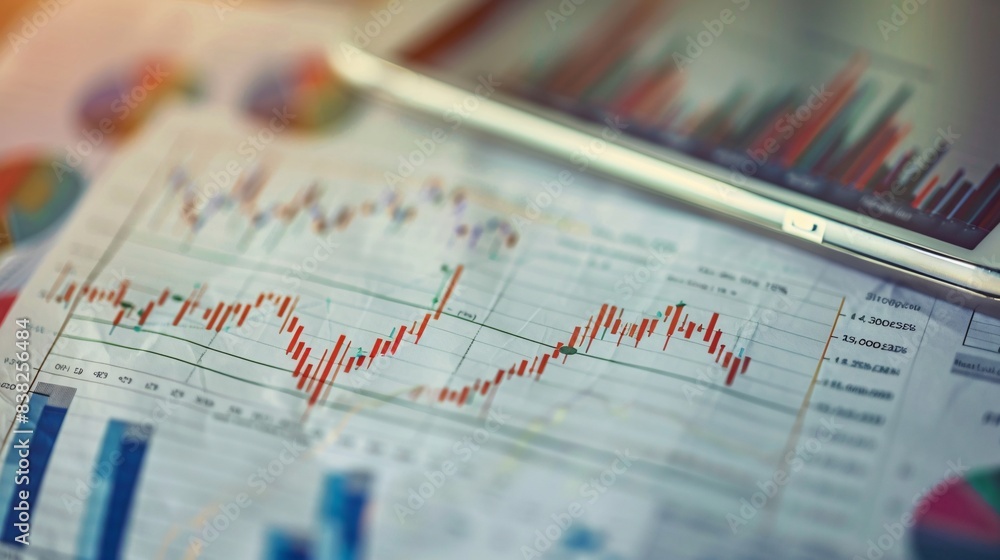 A photograph of a financial report with charts and graphs, highlighting stock market performance A photograph of a financial report with charts and graphs, highlighting stock market performance