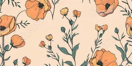 Seamless Pattern Wildeflower on Beige Background, Vector Orange Floral Pattern on Peach, iIlustration Cute botanical hand drawn style. photo