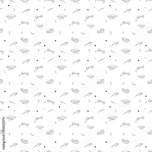 Pattern of hand-drawn doodles on a white background. The doodles include arrows, swirls, and the words Wow and Got, all in a simple black ink style. The pattern is a fun and whimsical design that woul