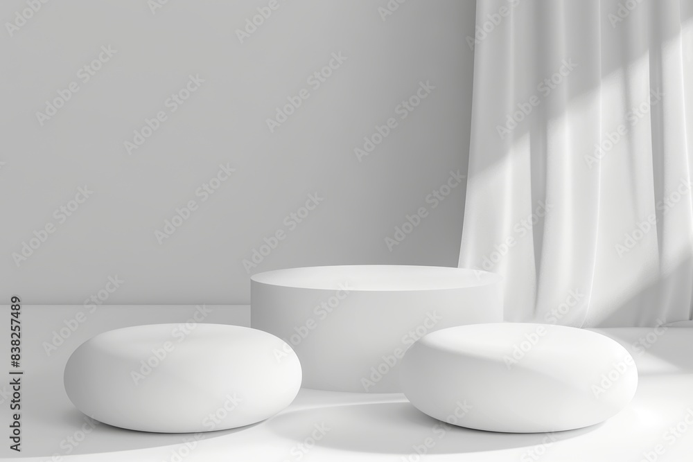 Mock up with a white podium and a white background. Abstract rendering in 3D. Mock up with a white podium and a white background. Abstract rendering in 3D.