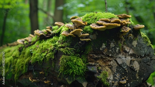 Old log covered in green moss and mushrooms  depicting the natural cycle of life and decay in the forest
