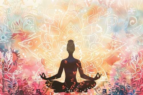 Serene person meditating in the lotus pose surrounded by a tranquil environment. Mindfulness and peace concept