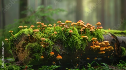 Wallpaper Mural Old log covered in green moss and mushrooms, depicting the natural cycle of life and decay in the forest Torontodigital.ca