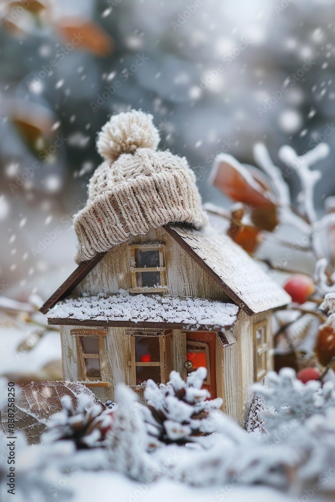 Naklejka premium A small wooden house with a knitted hat on top, perfect for use in illustrations or design projects