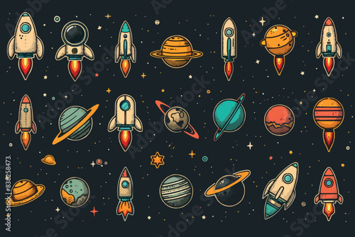 Black icon space set. Rocket, planets, moon, comet, satellite planets and stars. Meteorite and spaceship. Vector black collection