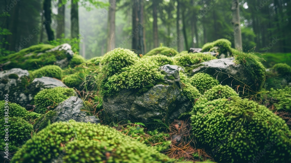Serene scene of moss-covered stones in a forest, showcasing the tranquil beauty of natural elements Serene scene of moss-covered stones in a forest, showcasing the tranquil beauty of natural elements