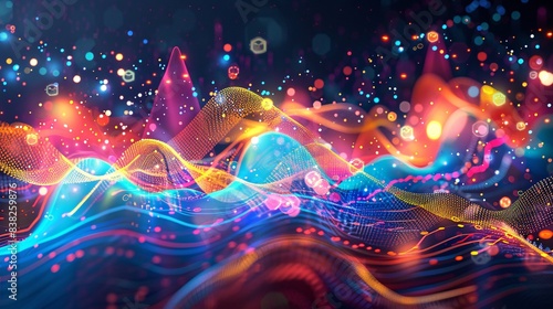 A digital illustration of stock market trends using colorful waves and data points