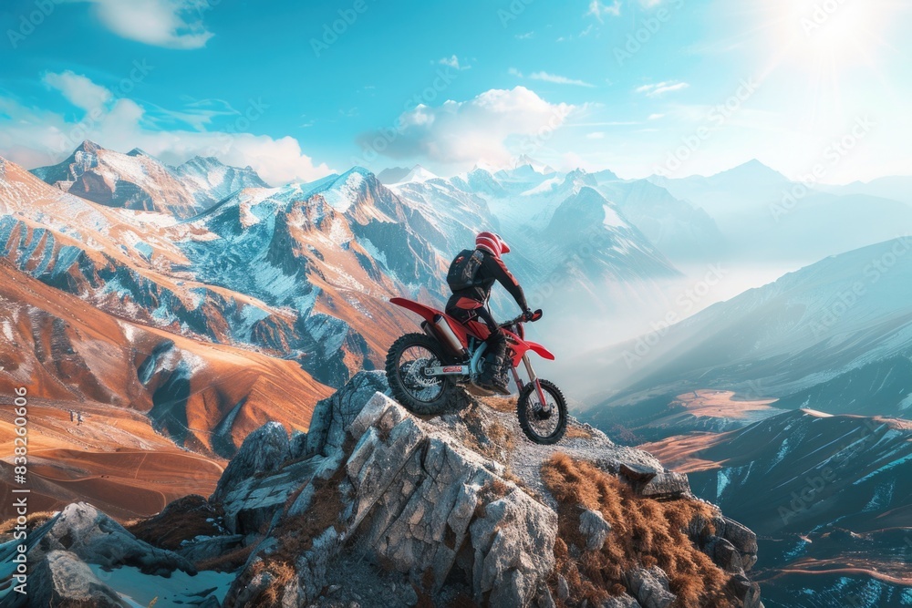 Fototapeta premium Person riding a dirt bike on a mountain trail, with scenic views and possibly some obstacles