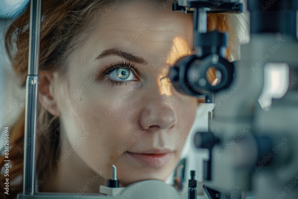 A person looks through an eye exam machine A person looks through an eye exam machine