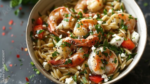 Obraz na płótnie Shrimp Orzo with Feta. A bowl of orzo pasta mixed with succulent shrimp, sprinkled with crumbled feta cheese and fresh herbs w salonie