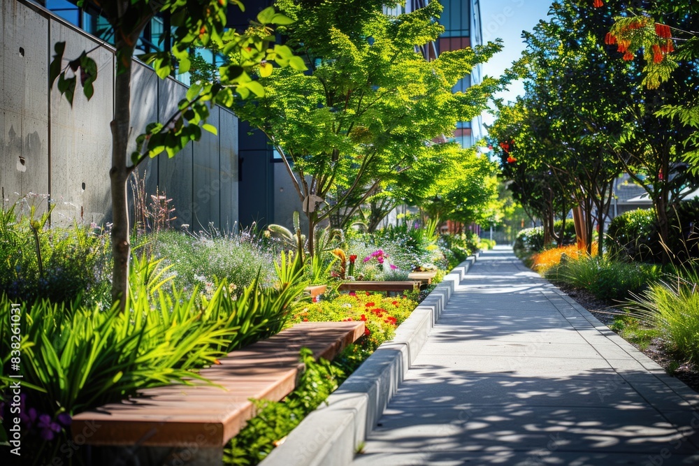 Sidewalk lined with thriving plants and trees in a sustainable urban setting, promoting eco-friendly living Sidewalk lined with thriving plants and trees in a sustainable urban setting, promoting eco-friendly living