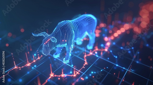 A 3D rendering of a stock market bull symbol next to an upward trending graph photo