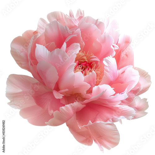 Macro shot of pink peony blossom. Soft petals layered in a graceful isolated on white background. photo