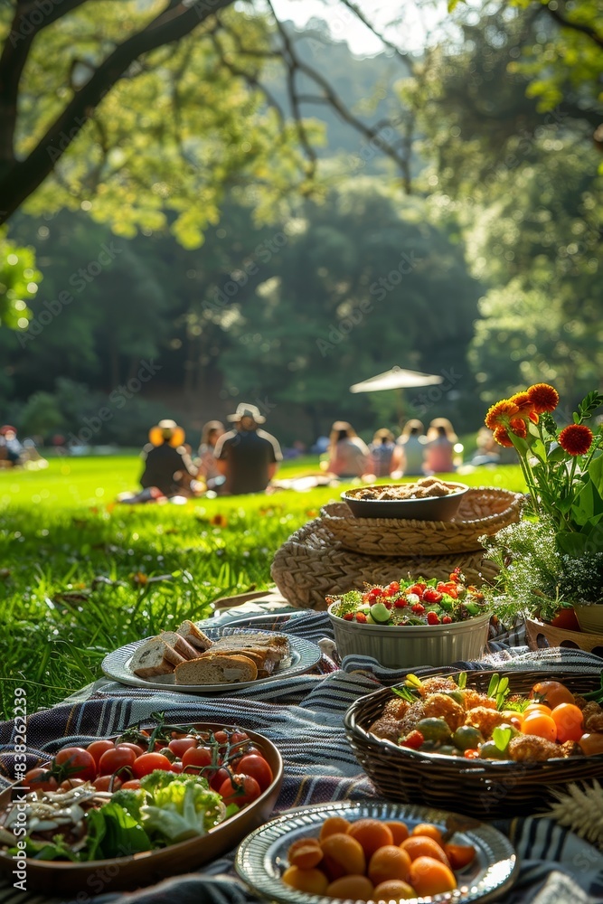 A serene outdoor picnic with food under a tree, featuring vivid greenery and a group of people relaxing in the background. A serene outdoor picnic with food under a tree, featuring vivid greenery and a group of people relaxing in the background.