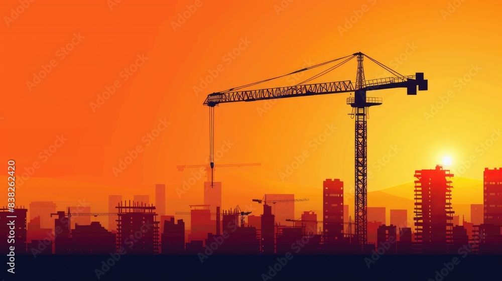 Silhouette of modern office building construction tower crane on high ground heavy industry against sunset orange background Silhouette of modern office building construction tower crane on high ground heavy industry against sunset orange background