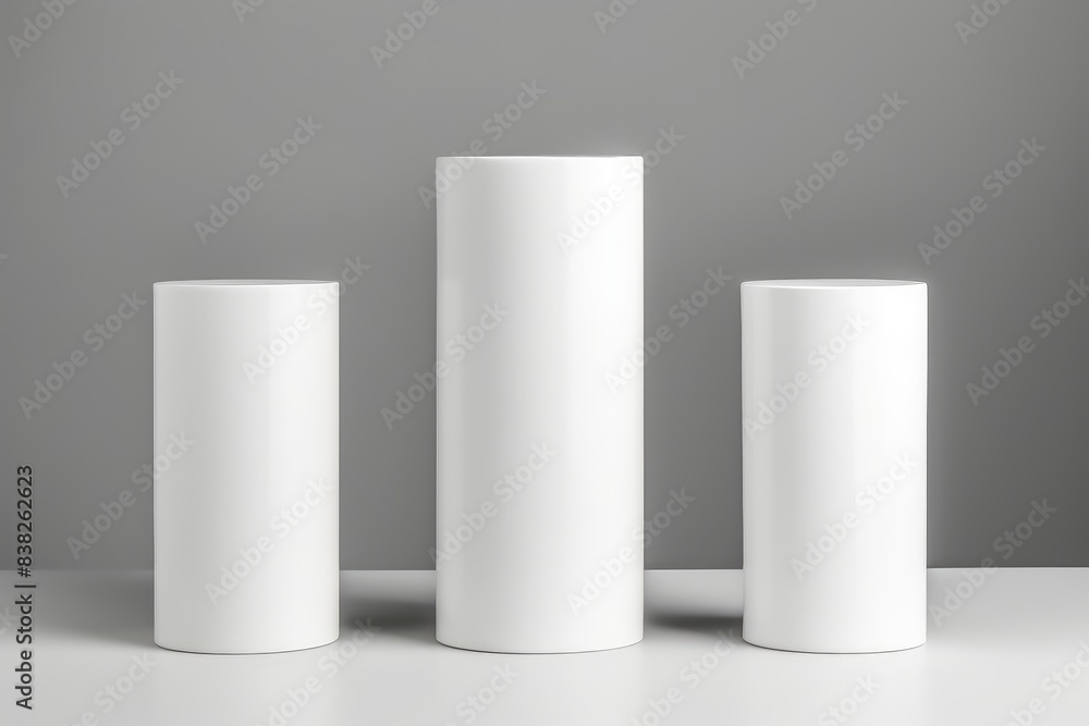 3d rendering of three white cylinders on a white table with a grey background 3d rendering of three white cylinders on a white table with a grey background