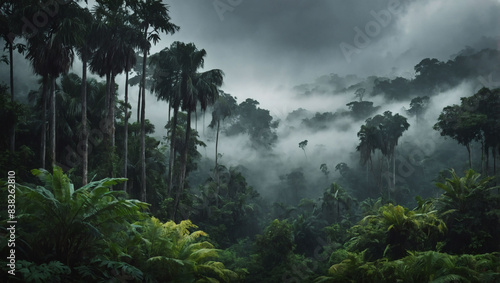 Enigmatic mist-shrouded forest, unveiling a lush jungle panorama and serene oasis within. photo