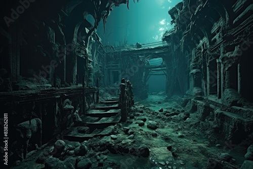 A beautiful and eerie underwater scene of a forgotten city. photo