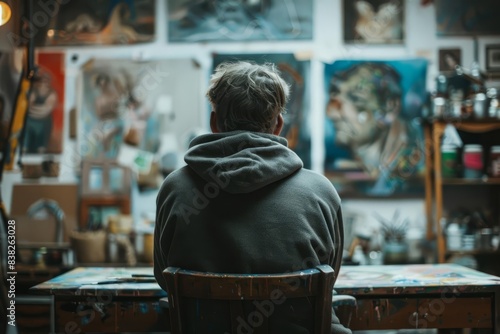 A poor artist sitting and imagining the art he is about to create photo