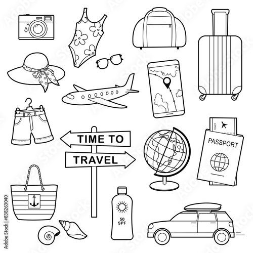 Set of  travel elements on a white background.  Set includes globe, passport, air ticket, plane, suitcase, car, clothes. Outline illustration, design elements or page of children's coloring book