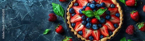 A delectable freshly baked tart adorned with vibrant strawberries, blueberries photo