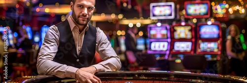 Croupier behind gambling table in a casino, hyperealistics photography with copy space