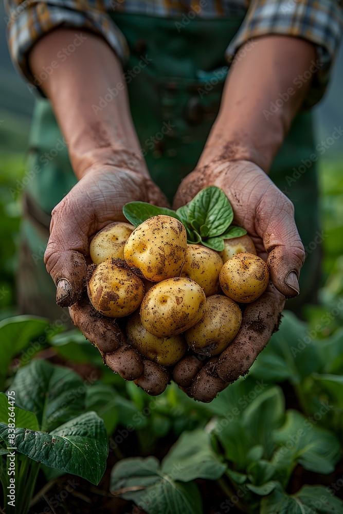 Close-up of farmer's hands holding freshly harvested potatoes. Sustainable farming and organic produce in rustic garden setting. Close-up of farmer's hands holding freshly harvested potatoes. Sustainable farming and organic produce in rustic garden setting.