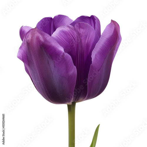 A single purple tulip blooms in isolation, its velvety petals and deep color radiating against a pristine white background.