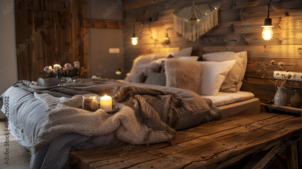 Beautiful bedroom with rustic wooden table and cozy lighting Beautiful bedroom with rustic wooden table and cozy lighting